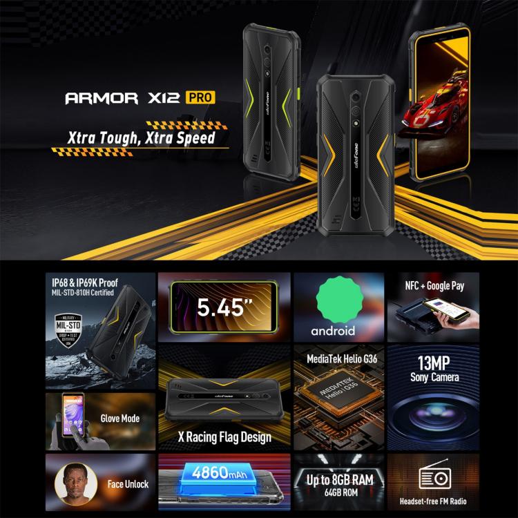 Ulefone Armor X12 Pro, IP68/IP69K Rugged Phone, 5.45 inch Android 16 MediaTek Helio G36 Octa Core, Network: 4G, NFC, 4GB+64GB
