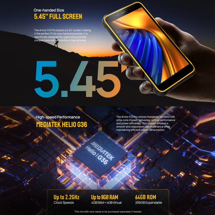Ulefone Armor X12 Pro, IP68/IP69K Rugged Phone, 5.45 inch Android 16 MediaTek Helio G36 Octa Core, Network: 4G, NFC, 4GB+64GB