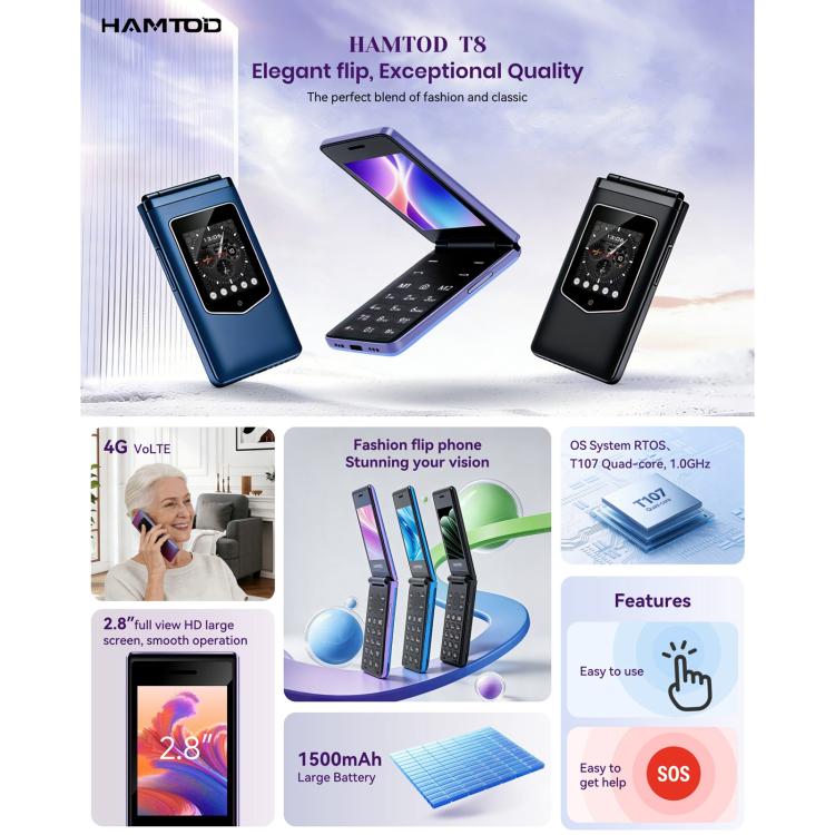 HAMTOD T8 4G Flip Phone, 2.8 inch + 1.77 inch, VoLTE, BT, SOS, OTG, EU Version, US Version