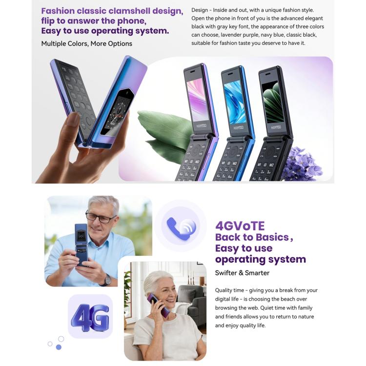 HAMTOD T8 4G Flip Phone, 2.8 inch + 1.77 inch, VoLTE, BT, SOS, OTG, EU Version, US Version