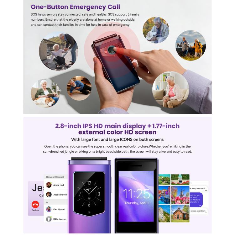 HAMTOD T8 4G Flip Phone, 2.8 inch + 1.77 inch, VoLTE, BT, SOS, OTG, EU Version, US Version
