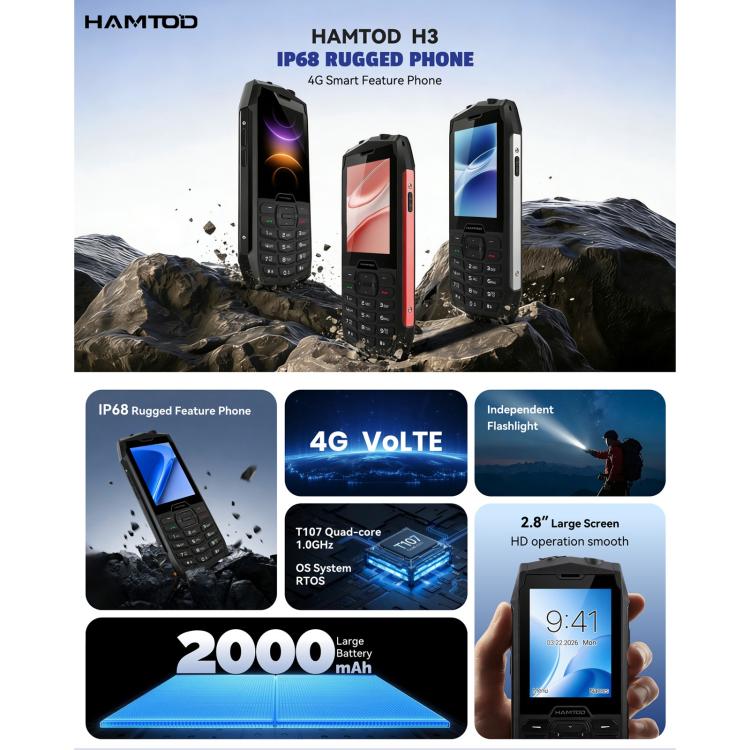 HAMTOD H3 Rugged Phone, 2.8 inch T107 ARM CortexTM A7 Quad-core 1.0GHz, Network: 4G, VoLTE, BT, SOS, EU Version, US Version