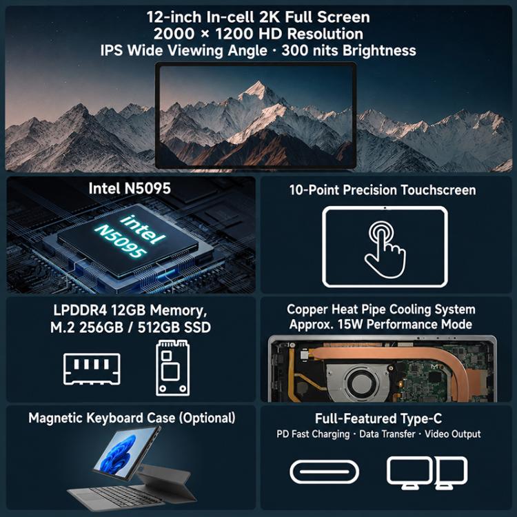 Jumper EZpad V12 Pro Tablet PC, No Keyboard, 12 inch Windows 11 Home OS Intel N5095 Quad Core, 12GB+256GB, 12GB+512GB