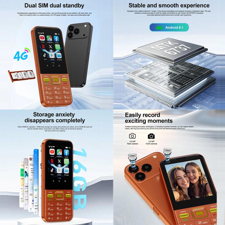 A001 / 17MP, 2GB+16GB, 2.8 inch Android 8.1 MTK6737 Quad Core, Network: 4G, Dual SIM, A001 / 17MP