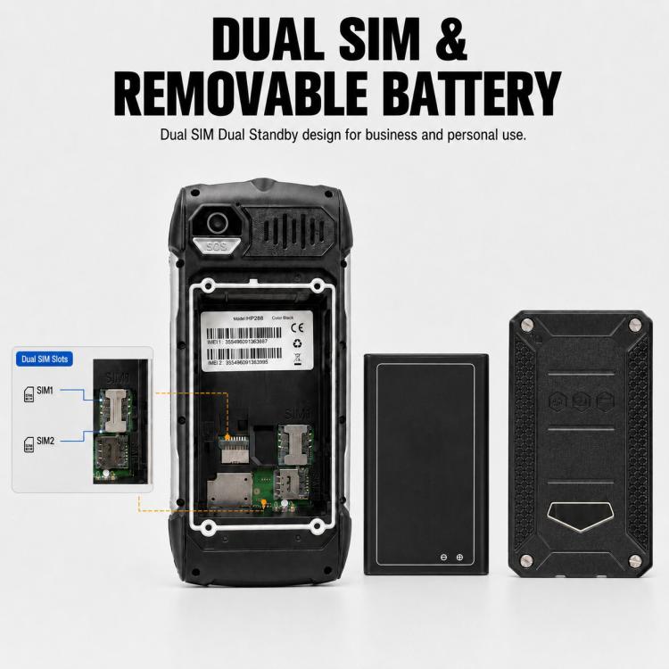 HP288 IP68 Rugged Phone, 2.8 inch, 4000mAh Battery, Network: 2G, BT, FM, SOS, Torch, Russian Keyboard, EU Plug, US Plug, UK Plug, AU Plug