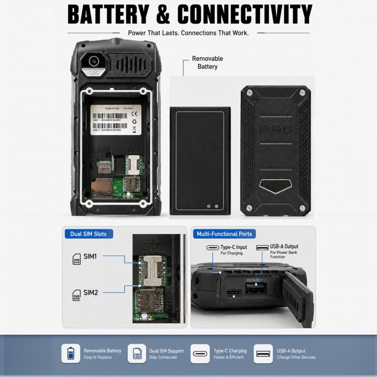 HP288 IP68 Rugged Phone, 2.8 inch, 4000mAh Battery, Network: 2G, BT, FM, SOS, Torch, Russian Keyboard, EU Plug, US Plug, UK Plug, AU Plug