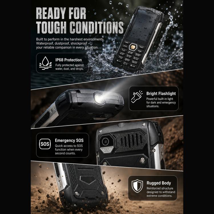 HP288 IP68 Rugged Phone, 2.8 inch, 4000mAh Battery, Network: 2G, BT, FM, SOS, Torch, Russian Keyboard, EU Plug, US Plug, UK Plug, AU Plug