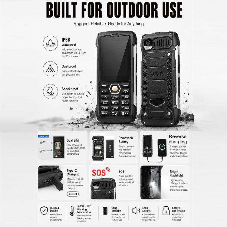 HP288 IP68 Rugged Phone, 2.8 inch, 4000mAh Battery, Network: 2G, BT, FM, SOS, Torch, Russian Keyboard, EU Plug, US Plug, UK Plug, AU Plug