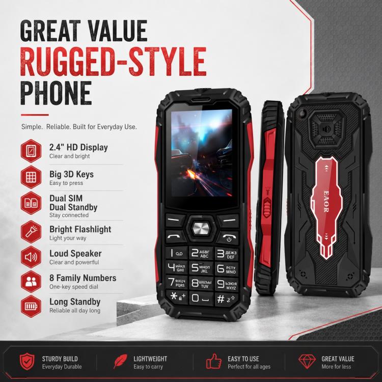 HE248 Rugged Style Phone, 2.4 inch, 3D Keys Network: 2G, Dual SIM, BT, Torch, Russian Keyboard, No Power Plug, US Plug, UK Plug