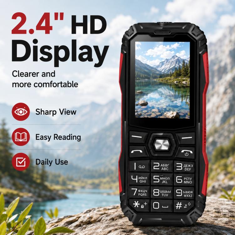 HE248 Rugged Style Phone, 2.4 inch, 3D Keys Network: 2G, Dual SIM, BT, Torch, Russian Keyboard, No Power Plug, US Plug, UK Plug