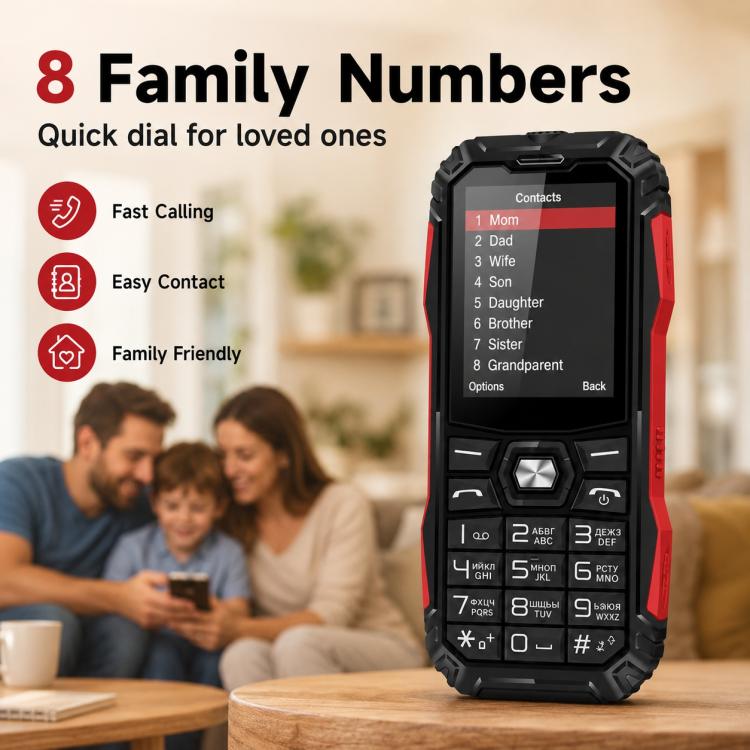 HE248 Rugged Style Phone, 2.4 inch, 3D Keys Network: 2G, Dual SIM, BT, Torch, Russian Keyboard, No Power Plug, US Plug, UK Plug