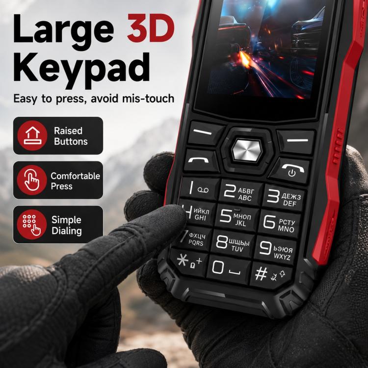 HE248 Rugged Style Phone, 2.4 inch, 3D Keys Network: 2G, Dual SIM, BT, Torch, Russian Keyboard, No Power Plug, US Plug, UK Plug