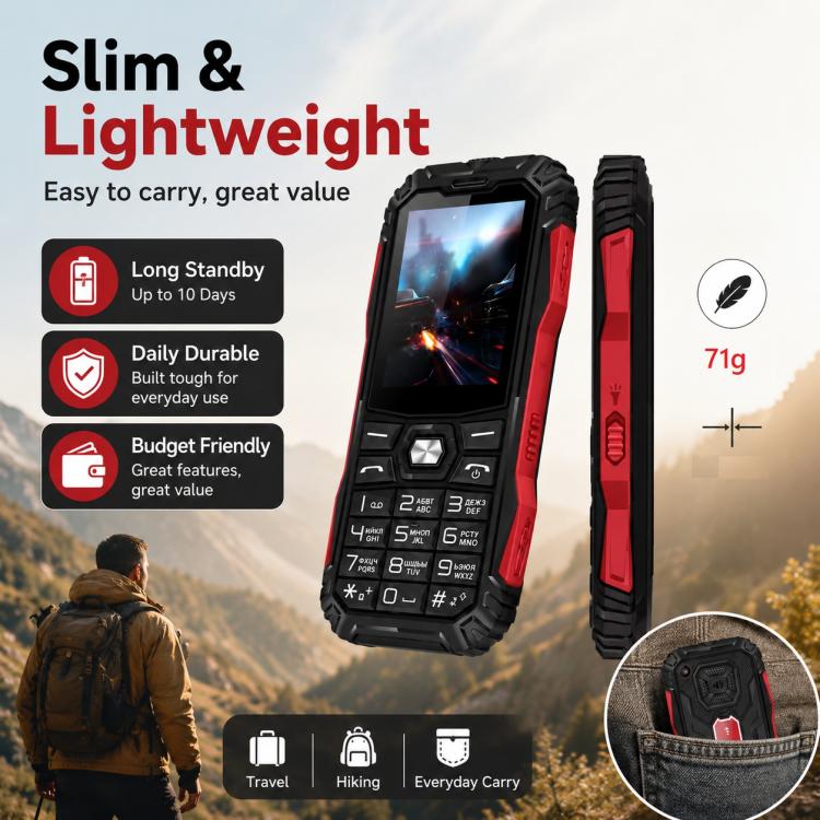 HE248 Rugged Style Phone, 2.4 inch, 3D Keys Network: 2G, Dual SIM, BT, Torch, Russian Keyboard, No Power Plug, US Plug, UK Plug