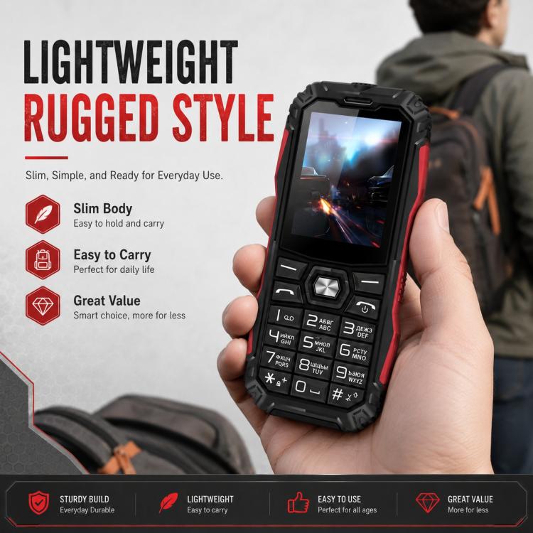 HE248 Rugged Style Phone, 2.4 inch, 3D Keys Network: 2G, Dual SIM, BT, Torch, Russian Keyboard, No Power Plug, US Plug, UK Plug
