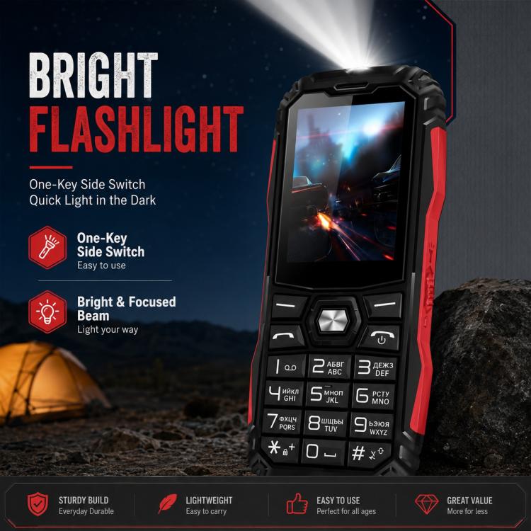 HE248 Rugged Style Phone, 2.4 inch, 3D Keys Network: 2G, Dual SIM, BT, Torch, Russian Keyboard, No Power Plug, US Plug, UK Plug