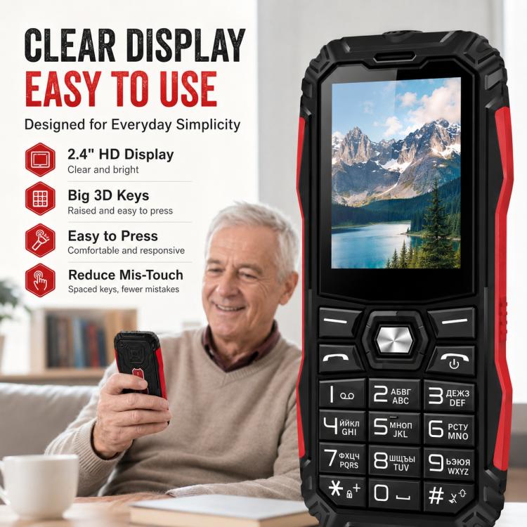 HE248 Rugged Style Phone, 2.4 inch, 3D Keys Network: 2G, Dual SIM, BT, Torch, Russian Keyboard, No Power Plug, US Plug, UK Plug