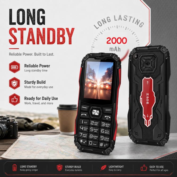 HE248 Rugged Style Phone, 2.4 inch, 3D Keys Network: 2G, Dual SIM, BT, Torch, Russian Keyboard, No Power Plug, US Plug, UK Plug