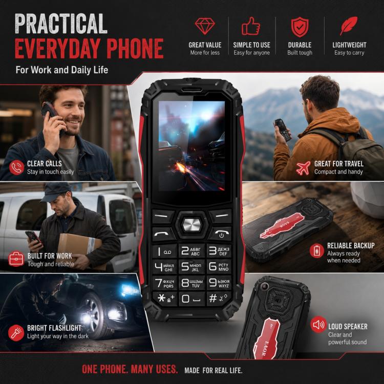 HE248 Rugged Style Phone, 2.4 inch, 3D Keys Network: 2G, Dual SIM, BT, Torch, Russian Keyboard, No Power Plug, US Plug, UK Plug