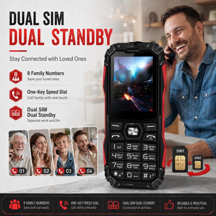 HE248 Rugged Style Phone, 2.4 inch, 3D Keys Network: 2G, Dual SIM, BT, Torch, Russian Keyboard, No Power Plug, US Plug, UK Plug