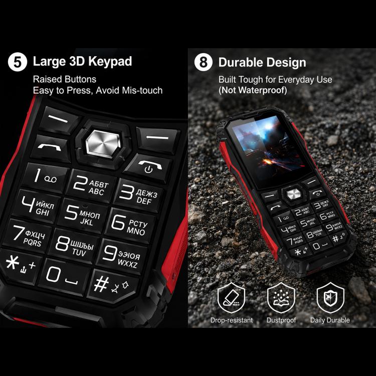 HE248 Rugged Style Phone, 2.4 inch, 3D Keys Network: 2G, Dual SIM, BT, Torch, Russian Keyboard, No Power Plug, US Plug, UK Plug