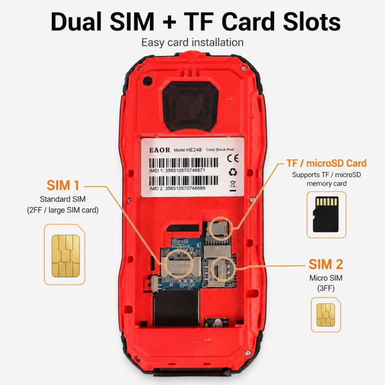 HE248 Rugged Style Phone, 2.4 inch, 3D Keys Network: 2G, Dual SIM, BT, Torch, Russian Keyboard, No Power Plug, US Plug, UK Plug