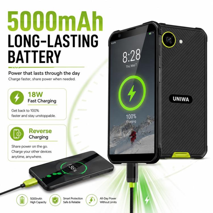 UNIWA F999 Rugged Phone, 4GB+64GB, 5.33 inch Android 16.0 Unisoc T615 UMS9230E Octa Core, PTT Button, Network: 4G, NFC, EU Plug, US Plug, UK Plug, AU Plug