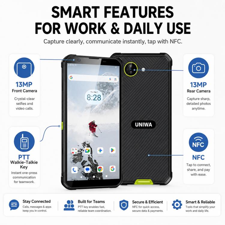 UNIWA F999 Rugged Phone, 4GB+64GB, 5.33 inch Android 16.0 Unisoc T615 UMS9230E Octa Core, PTT Button, Network: 4G, NFC, EU Plug, US Plug, UK Plug, AU Plug