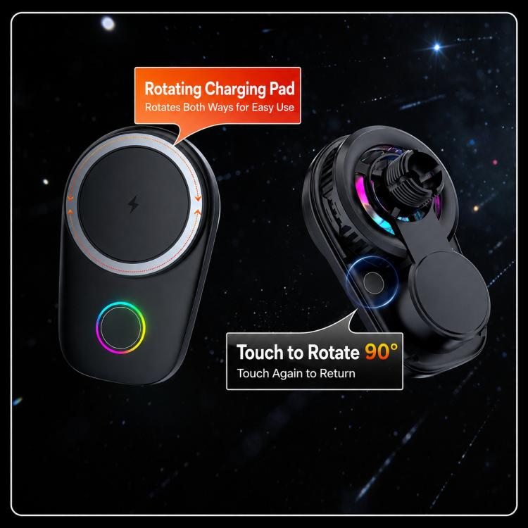 15W Magnetic Wireless Charger Car Mount, Touch Rotatable, Built-in Cooling & RGB Light, T15