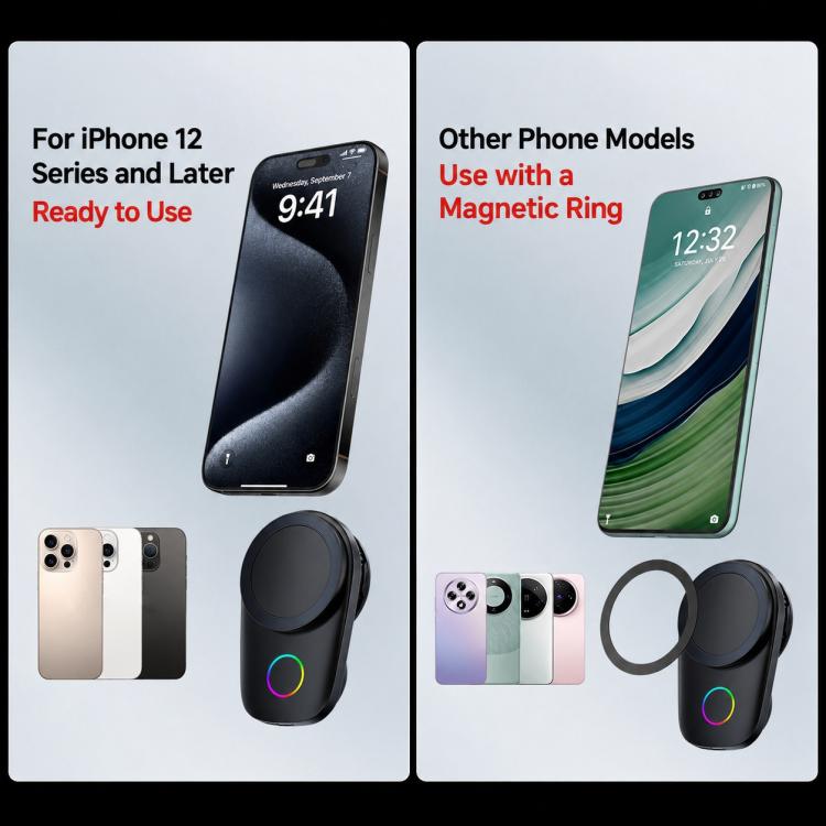 15W Magnetic Wireless Charger Car Mount, Touch Rotatable, Built-in Cooling & RGB Light, T15