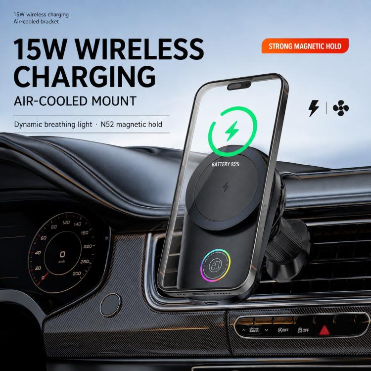 15W Magnetic Wireless Charger Car Mount, Touch Rotatable, Built-in Cooling & RGB Light, T15