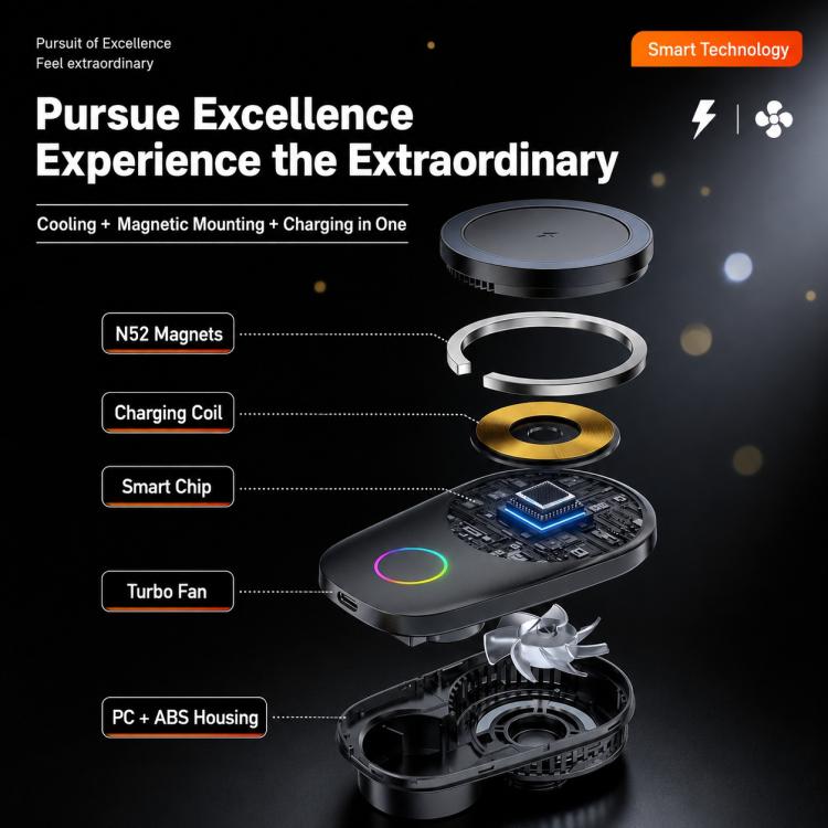 15W Magnetic Wireless Charger Car Mount, Touch Rotatable, Built-in Cooling & RGB Light, T15