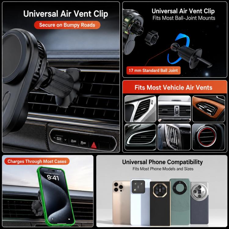 15W Magnetic Wireless Charger Car Mount, Touch Rotatable, Built-in Cooling & RGB Light, T15