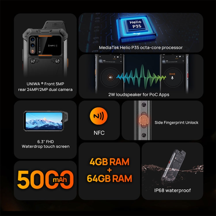 IP68 Waterproof Dustproof Shockproof, 5000mAh Battery, 6.3 inch Android 11 MTK6765 Helio P35 Octa Core up to 2.35GHz, Network: 4G, NFC, OTG, Explosion-proof , 4GB+64GB