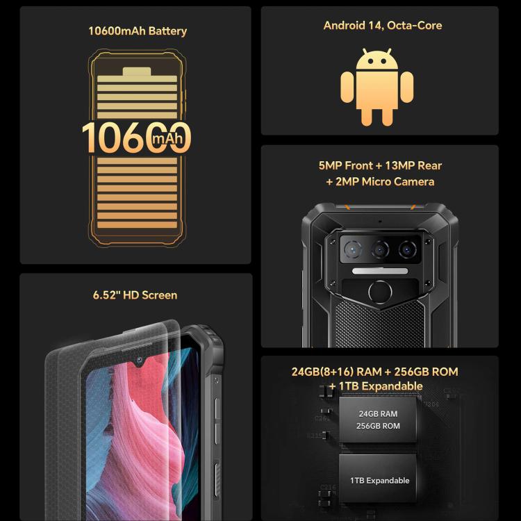 Oukitel WP23 Plus Rugged Phone, 8GB+256GB, 6.52 inch Android 14.0Unisoc T606 Octa-core, NFC, OTG, Network: 4G, WP23 Plus, WP23 Plus 8GB+256GB