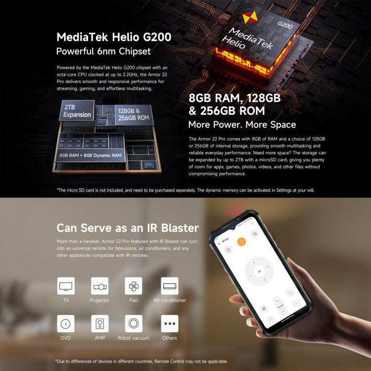 Ulefone Armor 22 Pro IP68/IP69K Rugged Phone, 8GB+128GB, 6.58 inch Android 15 MediaTek Helio G96 Octa Core, Network: 4G, NFC, OTG, 8GB+128GB