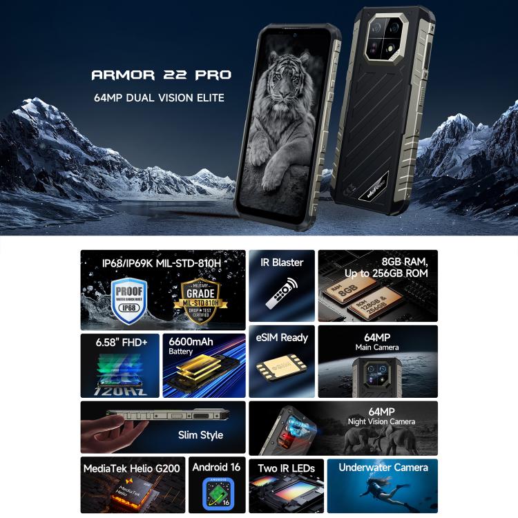 Ulefone Armor 22 Pro IP68/IP69K Rugged Phone, 8GB+256GB, 6.58 inch Android 16 MediaTek Helio G200 Octa Core, Network: 4G, NFC, OTG, 8GB+256GB