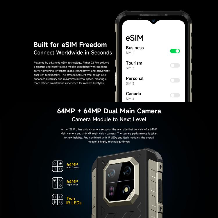 Ulefone Armor 22 Pro IP68/IP69K Rugged Phone, 8GB+256GB, 6.58 inch Android 16 MediaTek Helio G200 Octa Core, Network: 4G, NFC, OTG, 8GB+256GB