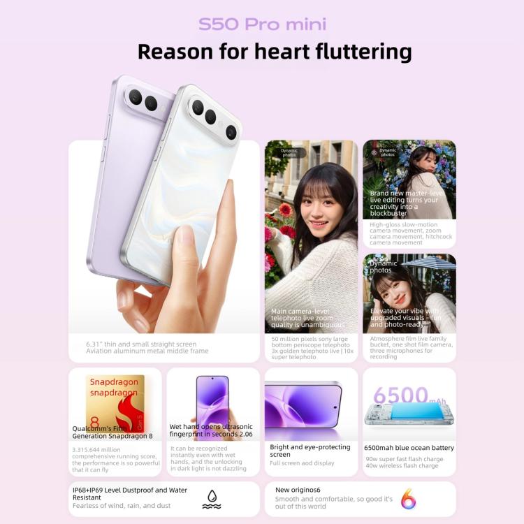 vivo S50 Pro mini, 12GB+256GB, 3D Fingerprint, 6.31 inch Android 16 OriginOS 6 Snapdragon 8 Gen 5 Octa Core, OTG, NFC, Network: 5G, Support Google Play, 12GB+256GB
