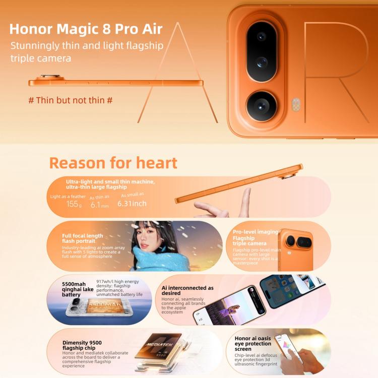 Honor Magic8 Pro Air, 12GB+512GB, Screen Fingerprint, 6.31 inch MagicOS 10.0 / Android 16 Dimensity 9500 Octa Core, Network: 5G, NFC, OTG, 12GB+512GB