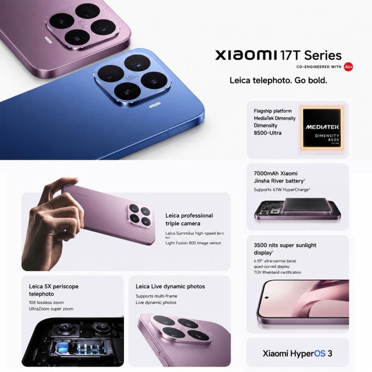Xiaomi 17T, 12GB+512GB, Screen Fingerprint, 6.59 inch Xiaomi HyperOS 3 Dimensity 8500-Ultra Octa-Core, NFC, Network: 5G, 12GB+512GB