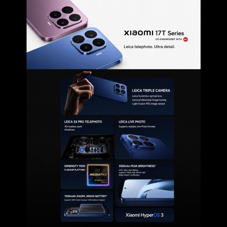 Xiaomi 17T Pro, 16GB+512GB, Screen Fingerprint, 6.83 inch Xiaomi HyperOS 3 Dimensity 9500 Octa-Core, NFC, Network: 5G, 16GB+512GB