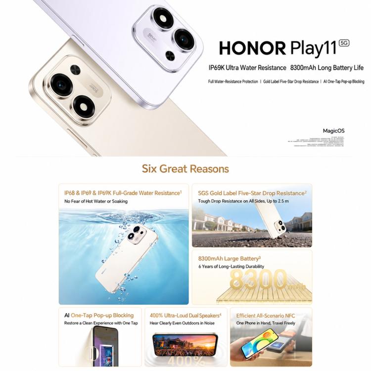 Honor Play11, 6GB+128GB, Side Fingerprint, 6.872 inch Android 16 MagicOS 10 Snapdragon 4 Gen 4th Octa Core, OTG, NFC, Network: 5G, 6GB+128GB
