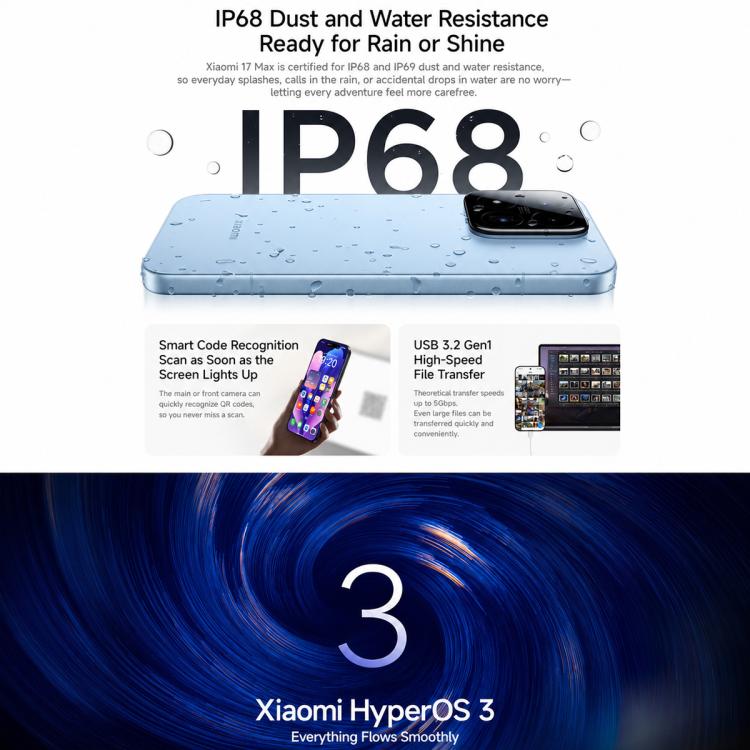 Xiaomi 17 Max, 12GB+256GB, 3D Ultrasonic Fingerprint, 6.9 inch Xiaomi HyperOS 3 Snapdragon 8 Elite Gen 5 Octa Core, NFC, Network: 5G, 12GB+256GB
