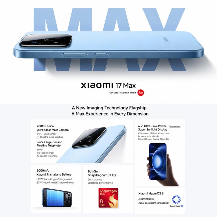 Xiaomi 17 Max, 12GB+256GB, 3D Ultrasonic Fingerprint, 6.9 inch Xiaomi HyperOS 3 Snapdragon 8 Elite Gen 5 Octa Core, NFC, Network: 5G, 12GB+256GB