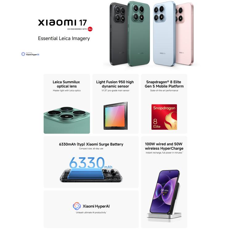 Xiaomi 17 Global, 12GB+256GB, Ultrasonic Fingerprint, 6.3 inch Xiaomi HyperOS 3 Snapdragon 8 Elite Gen 5 Octa Core, NFC, Network: 5G, 12GB+256GB