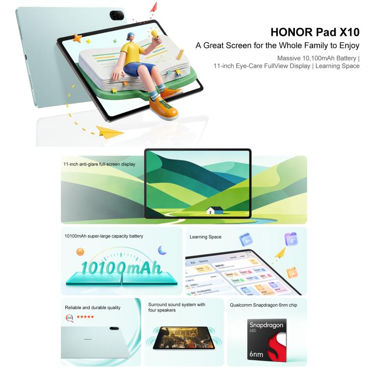 Honor Pad X10 WiFi Tablet PC, 11 inch 6GB+128GB MagicOS 9.0 Qualcomm Snapdragon 680 Octa Core, 6GB+128GB