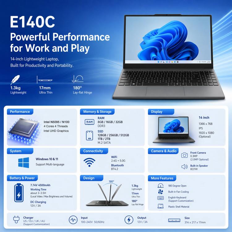 E140C 14 inch Lightweight Laptop, 8GB+256GB, Windows 11 Intel Celeron N5095 Quad Core, US Plug, Intel N5095