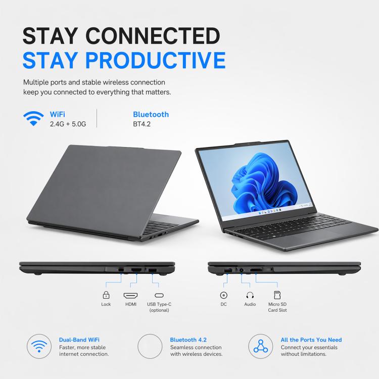 E140C 14 inch Lightweight Laptop, 8GB+256GB, Windows 11 Intel Celeron N5095 Quad Core, US Plug, Intel N5095