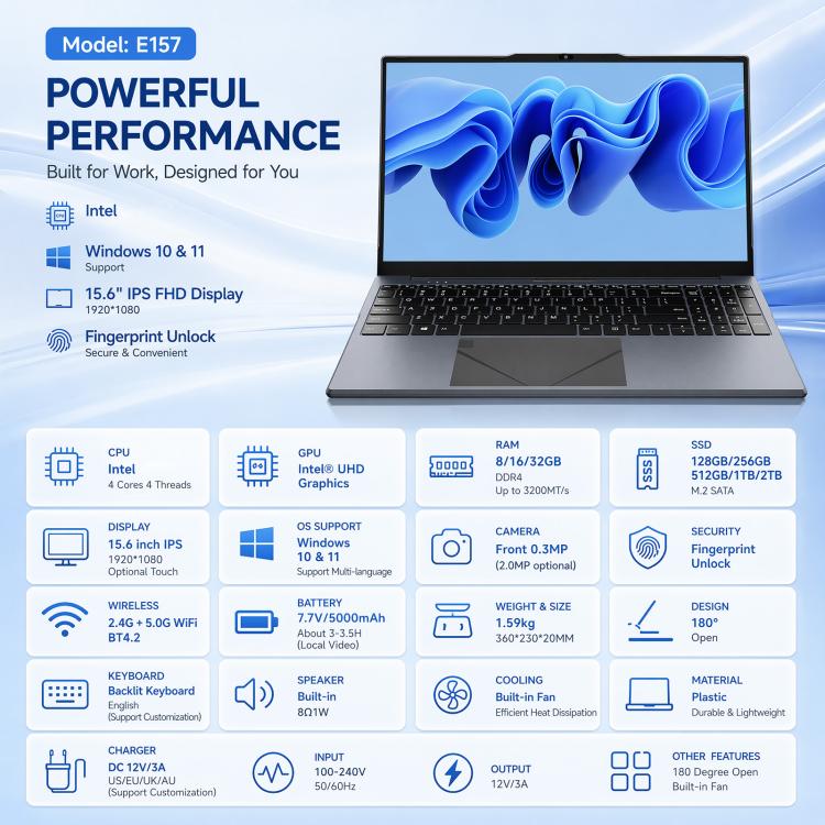 E157 15.6 inch Lightweight Laptop, 8GB+256GB, Windows 11 Intel Twin Lake N100 Quad Core, US Plug, Intel N150