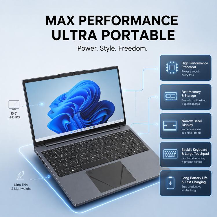 E157 15.6 inch Lightweight Laptop, 8GB+256GB, Windows 11 Intel Twin Lake N100 Quad Core, US Plug, Intel N150
